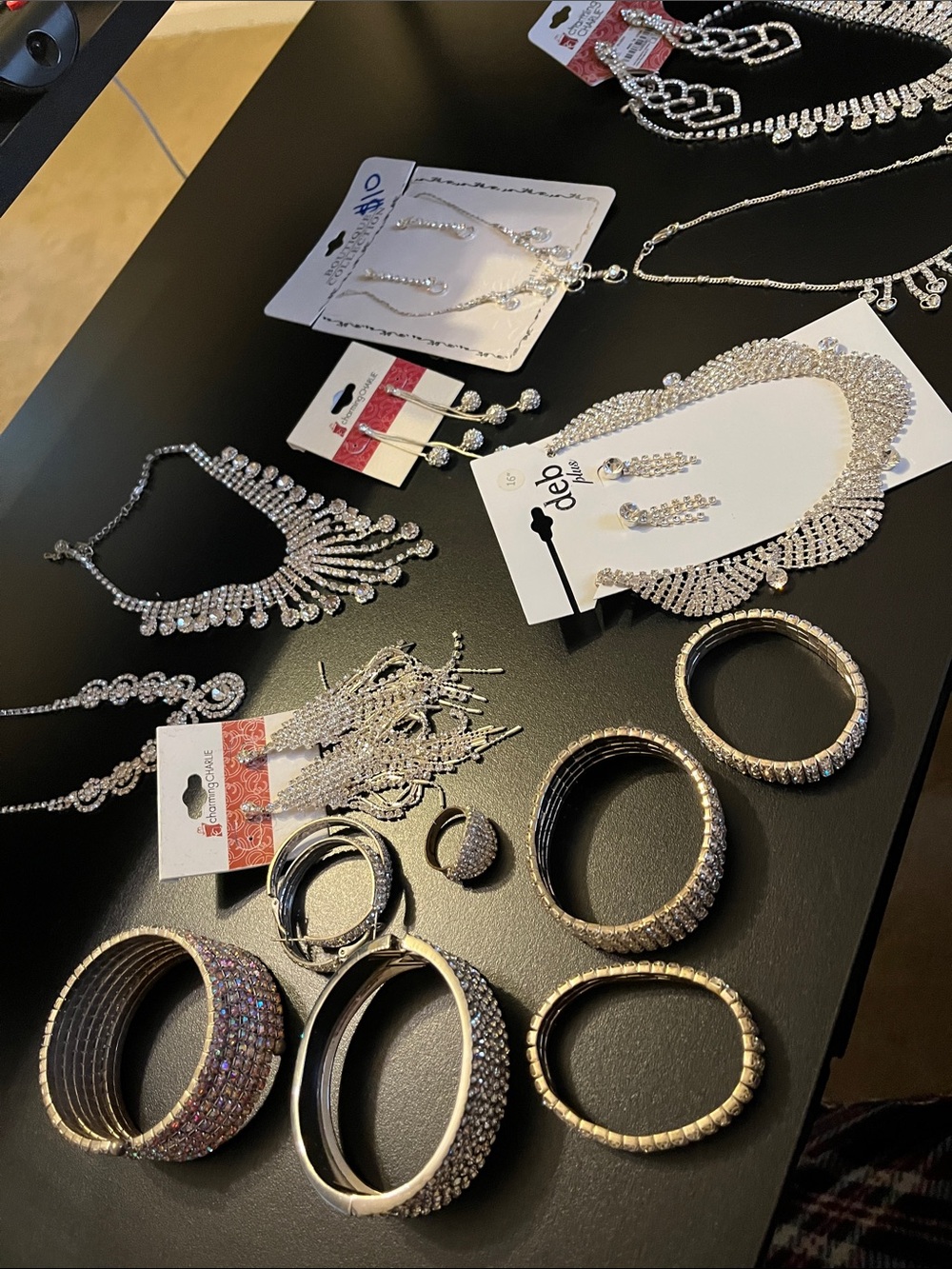 Deb Silver-Tone Crystal Necklace and Earring Set with Matching Bangles